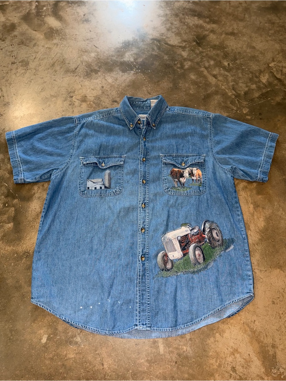 Vintage Basic Editions Farm Tractor Cow Denim Shirt L Farmcore Rural Country